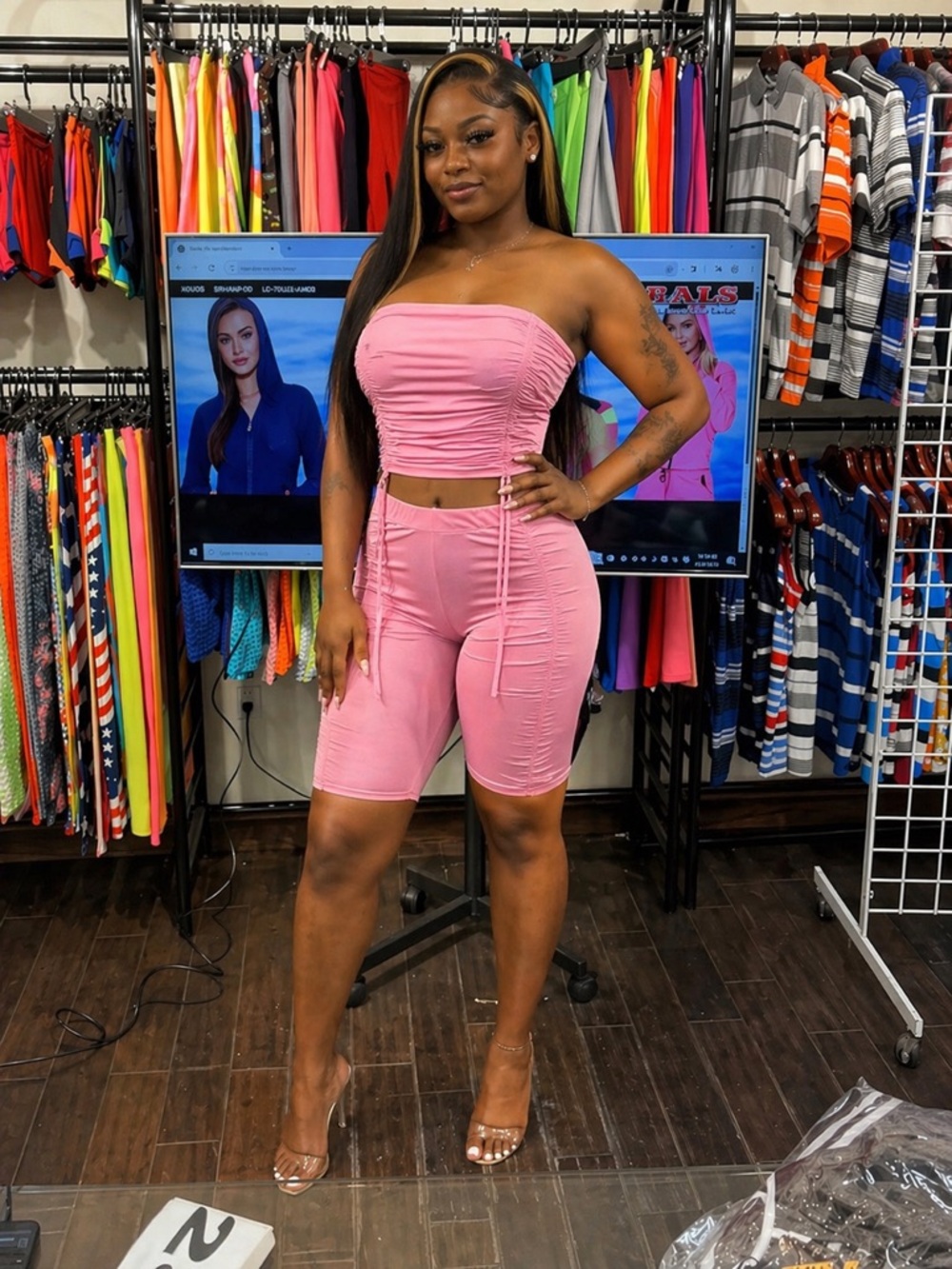 Women's Pink Ruched Biker Shorts Set - Strapless Top and High-Waist Shorts